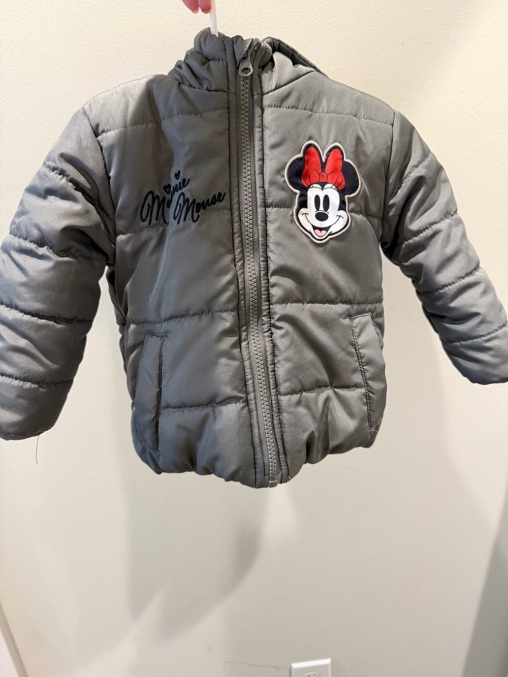 Minnie Mouse Grey Puffer Jacket with Red Bow Patch